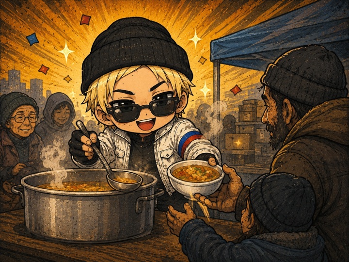 Шаманчик раздаёт горячую еду